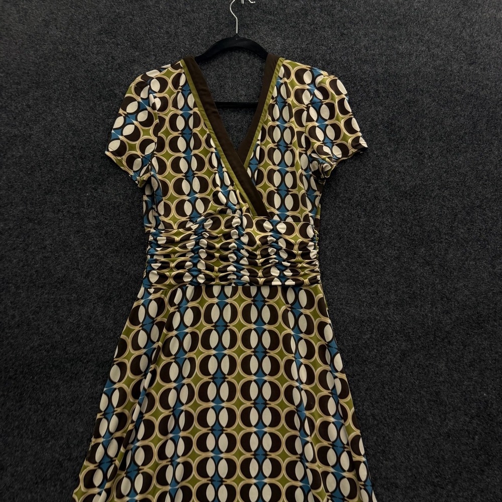 Vintage Sandra Darren Geometric Print Midi Dress Brown Green Blue Size 12